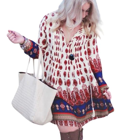 PPLA Boho Festival‎ Dress Women Small Cream Red Mini Tribal Peasant Hippie Retro - Picture 1 of 16